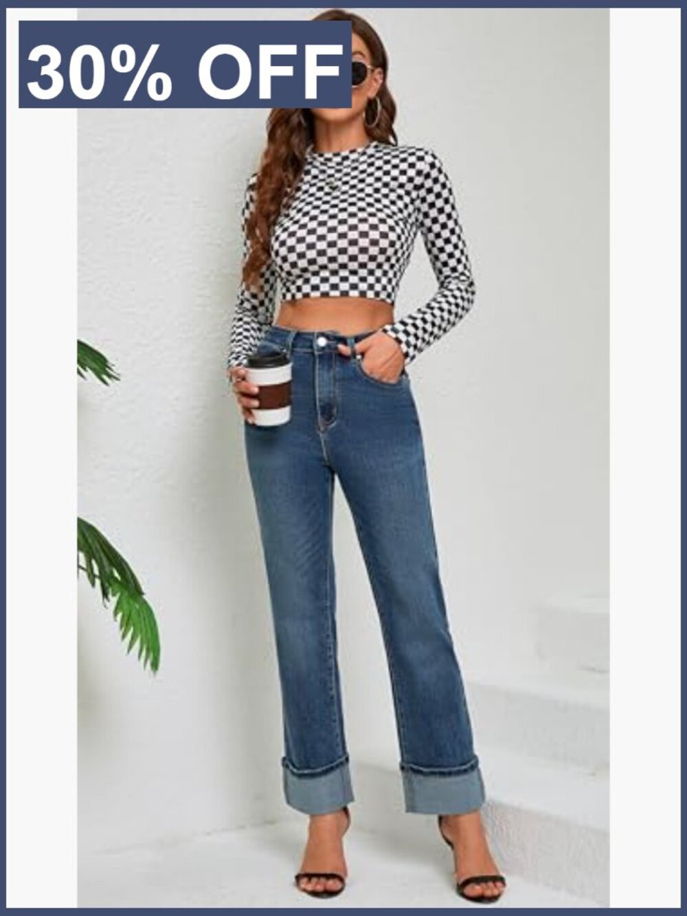 High Waisted Straight Leg Jeans Tummy Control Stretchy Ankle Fold Hem - Picture 4 of 6